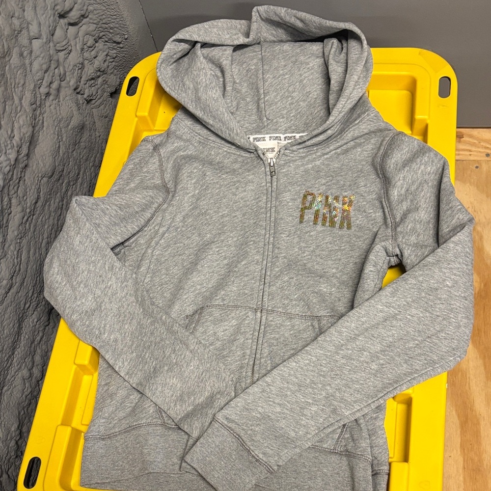 PINK Victoria's Secret Light Gray Zip Hoodie with Metallic Logo